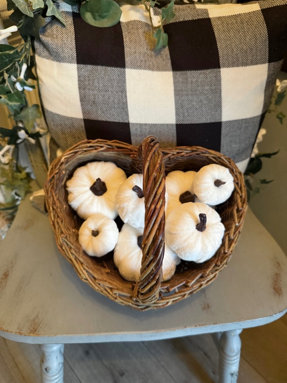 Velvet Pumpkins in Heart Shaped Basket